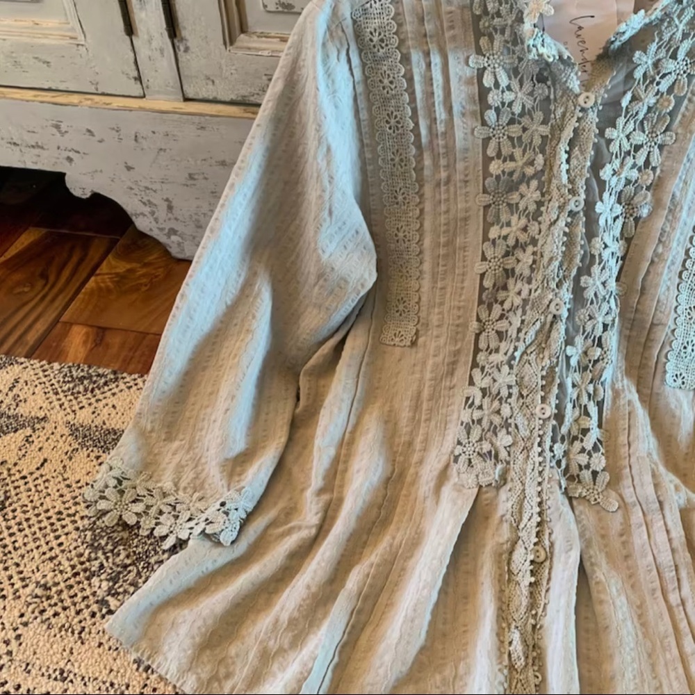 New Bohemian Grey Lace 3/4 Sleeve Button Front Floral Romantic Blouse Top Shirt - Picture 5 of 7